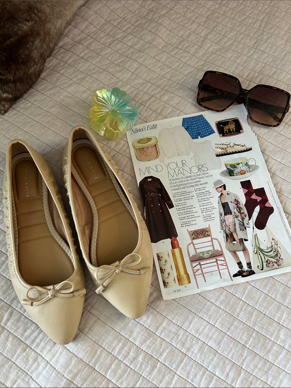 Kelly & Katie nude light tan leather pointed toe bow ballet flats 8